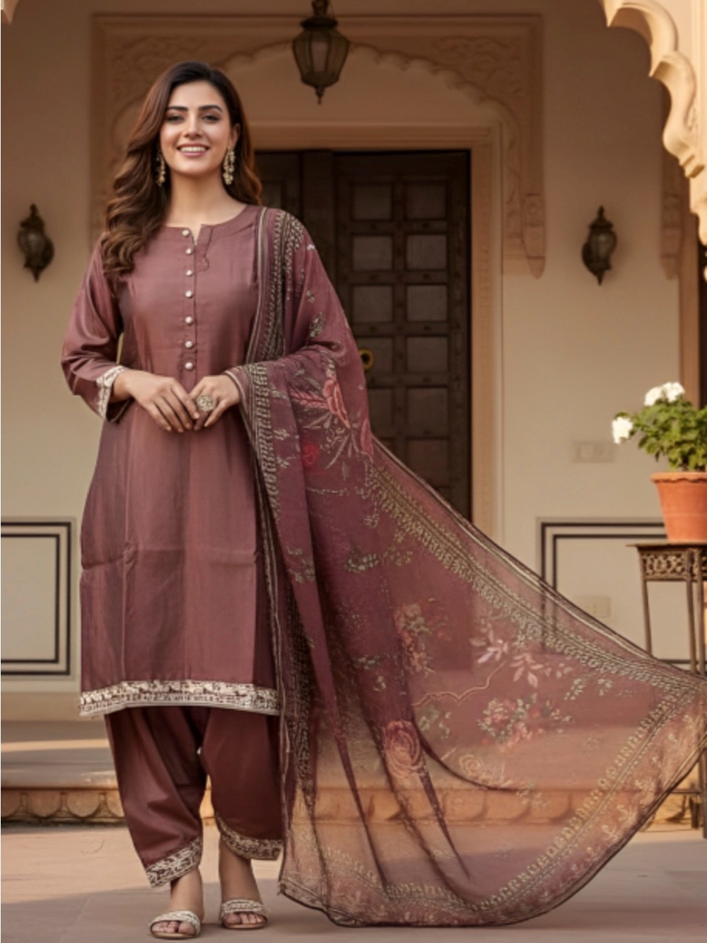 Elegant Mauve Women's Salwar Kameez Set with Printed Dupatta